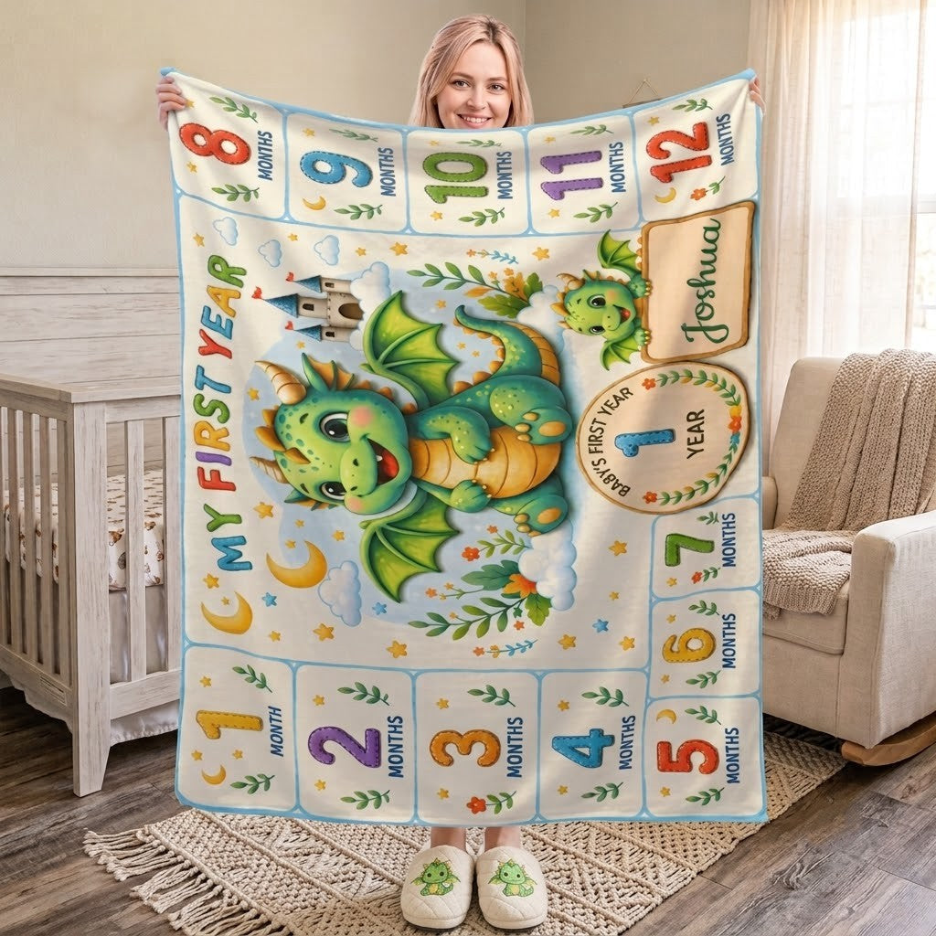 Personalized Dragon Baby Milestone Blanket with Name - My First Year Dragon and Castle Design with 12 Colourful Month Squares and Baby Name on Gold Scroll Banner