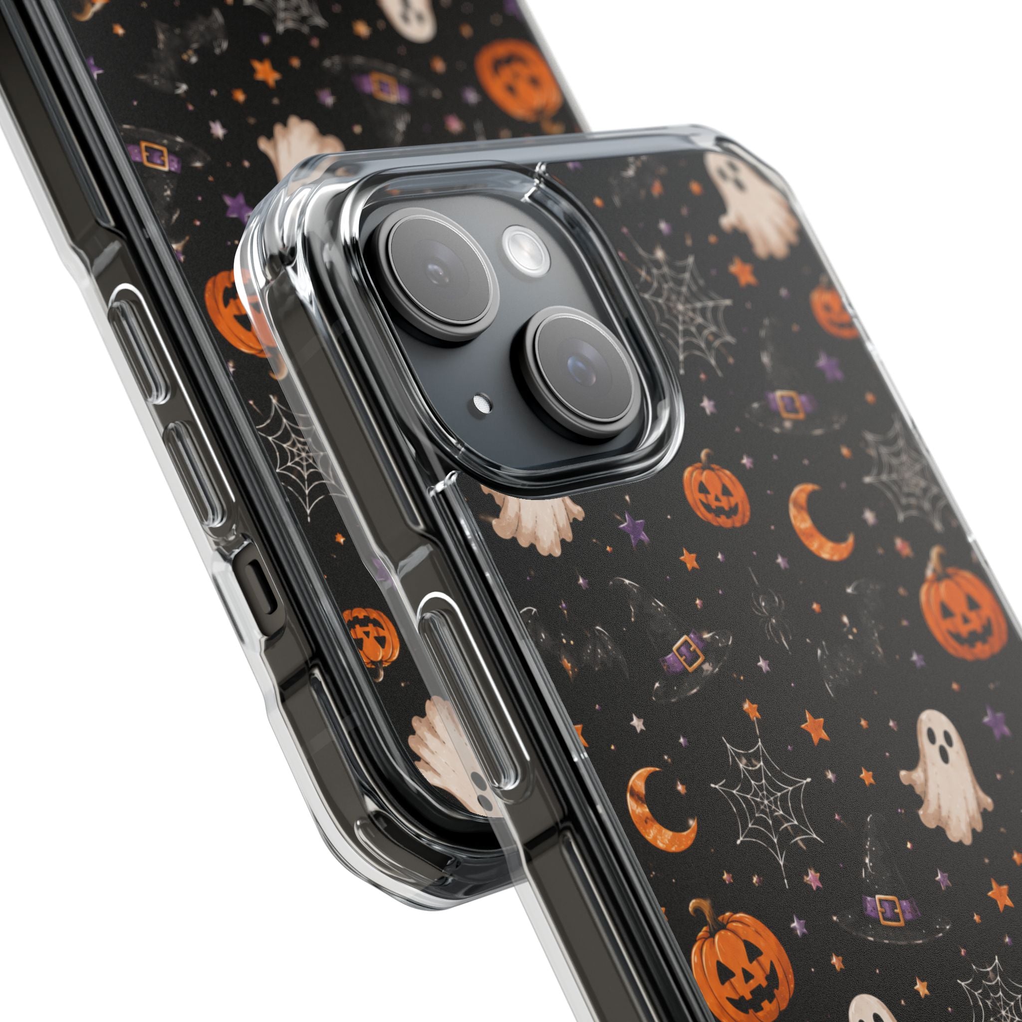 Halloween Pattern Magnetic Clear Phone Case — Ghosts, Pumpkins & Spiders