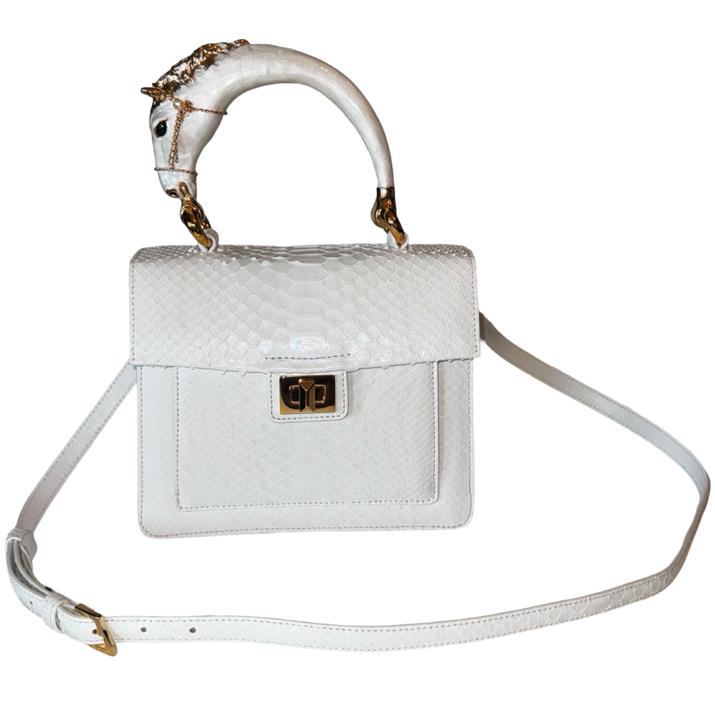 Cosmo Horse Handle Handbag In Iridescent White Python
