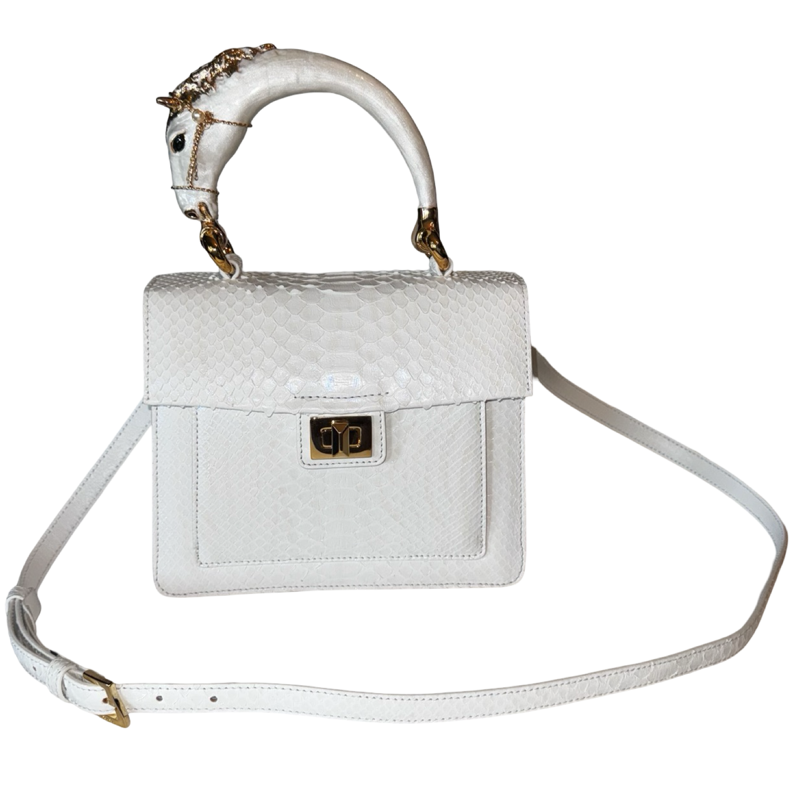 Cosmo Horse Handle Handbag In Iridescent White Python