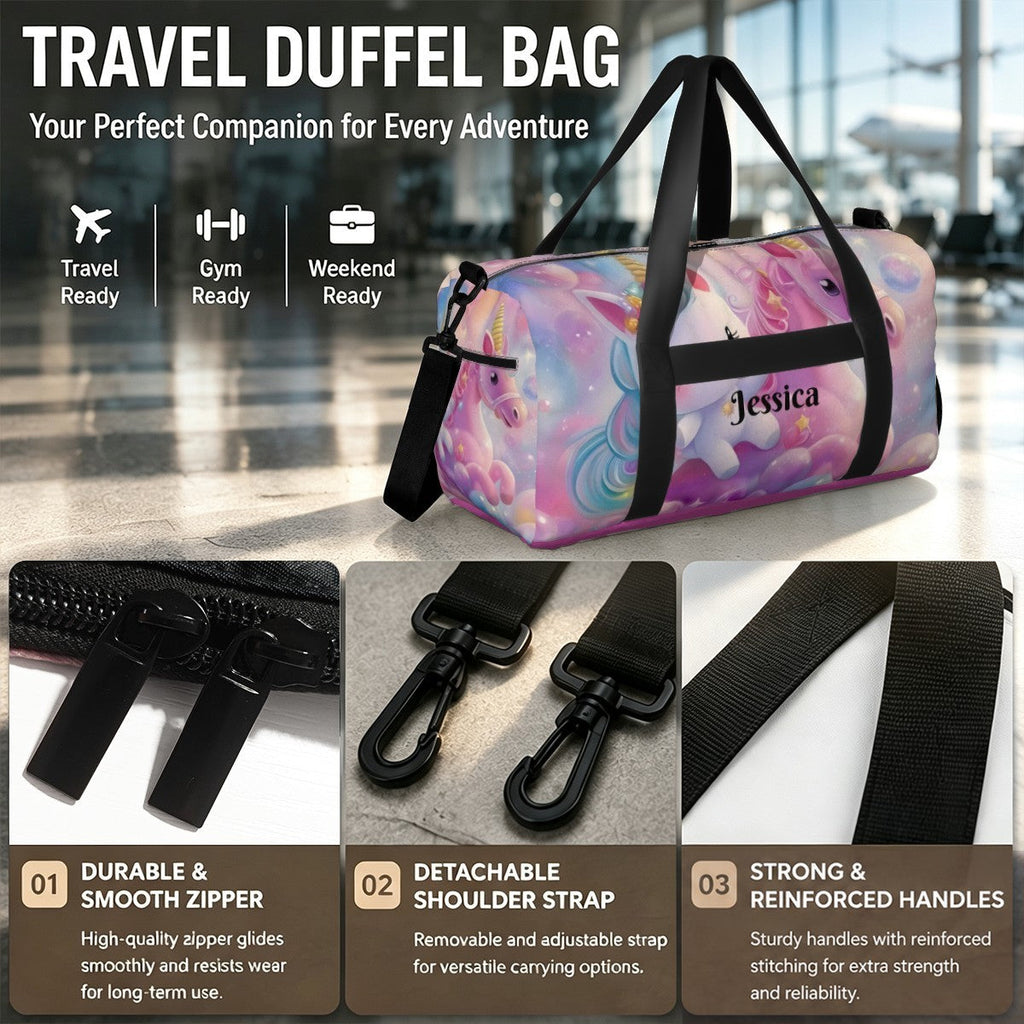 Personalized Pastel Unicorn Duffel Bag with Custom Name – Kawaii Travel, Gym & Weekend Bag