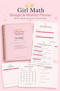 Product card / preview text:  Budgeting, but make it Girl Math 👑 A pink-and-gold planner with a budget tracker, wishlist tracker, savings crowns, and the official Girl Math Calculator — because retail therapy deserves a strategy.