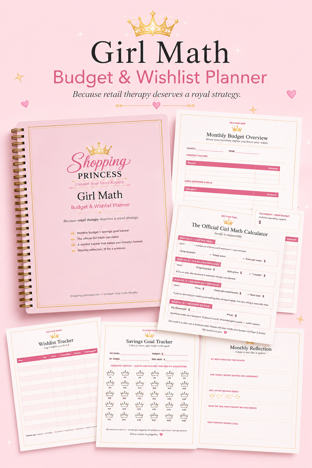 Product card / preview text:  Budgeting, but make it Girl Math 👑 A pink-and-gold planner with a budget tracker, wishlist tracker, savings crowns, and the official Girl Math Calculator — because retail therapy deserves a strategy.