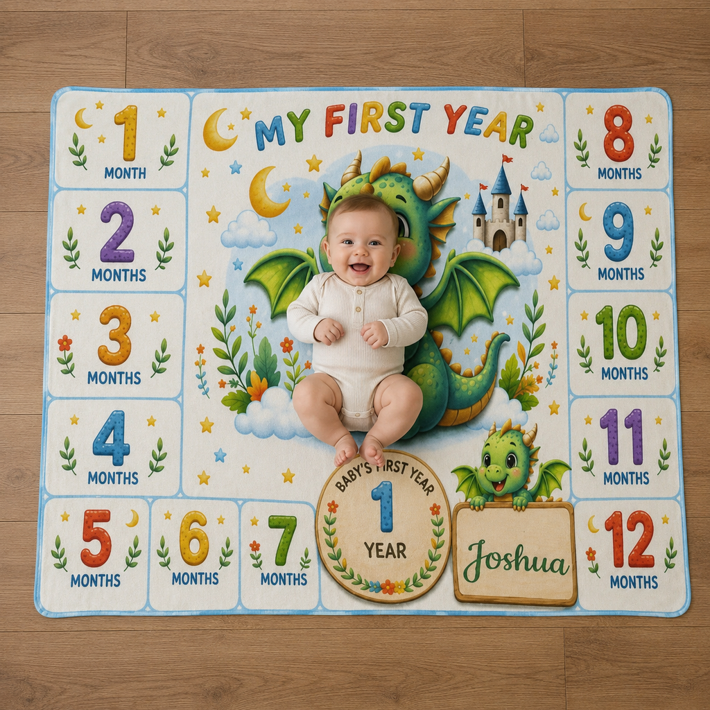 Personalized Dragon Baby Milestone Blanket with Name - My First Year Dragon and Castle Design with 12 Colourful Month Squares and Baby Name on Gold Scroll Banner