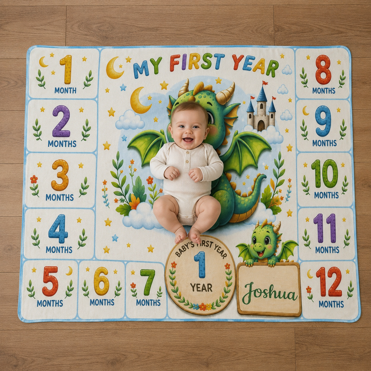 Personalized Dragon Baby Milestone Blanket with Name - My First Year Dragon and Castle Design with 12 Colourful Month Squares and Baby Name on Gold Scroll Banner