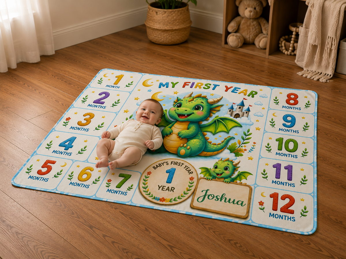 Personalized Dragon Baby Milestone Blanket with Name - My First Year Dragon and Castle Design with 12 Colourful Month Squares and Baby Name on Gold Scroll Banner