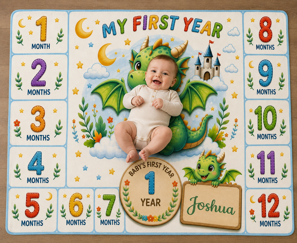Personalized Dragon Baby Milestone Blanket with Name - My First Year Dragon and Castle Design with 12 Colourful Month Squares and Baby Name on Gold Scroll Banner