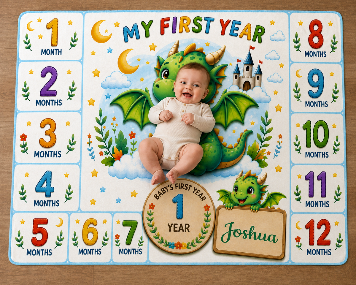 Personalized Dragon Baby Milestone Blanket with Name - My First Year Dragon and Castle Design with 12 Colourful Month Squares and Baby Name on Gold Scroll Banner