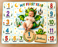 Personalized Dragon Baby Milestone Blanket with Name - My First Year Dragon and Castle Design with 12 Colourful Month Squares and Baby Name on Gold Scroll Banner