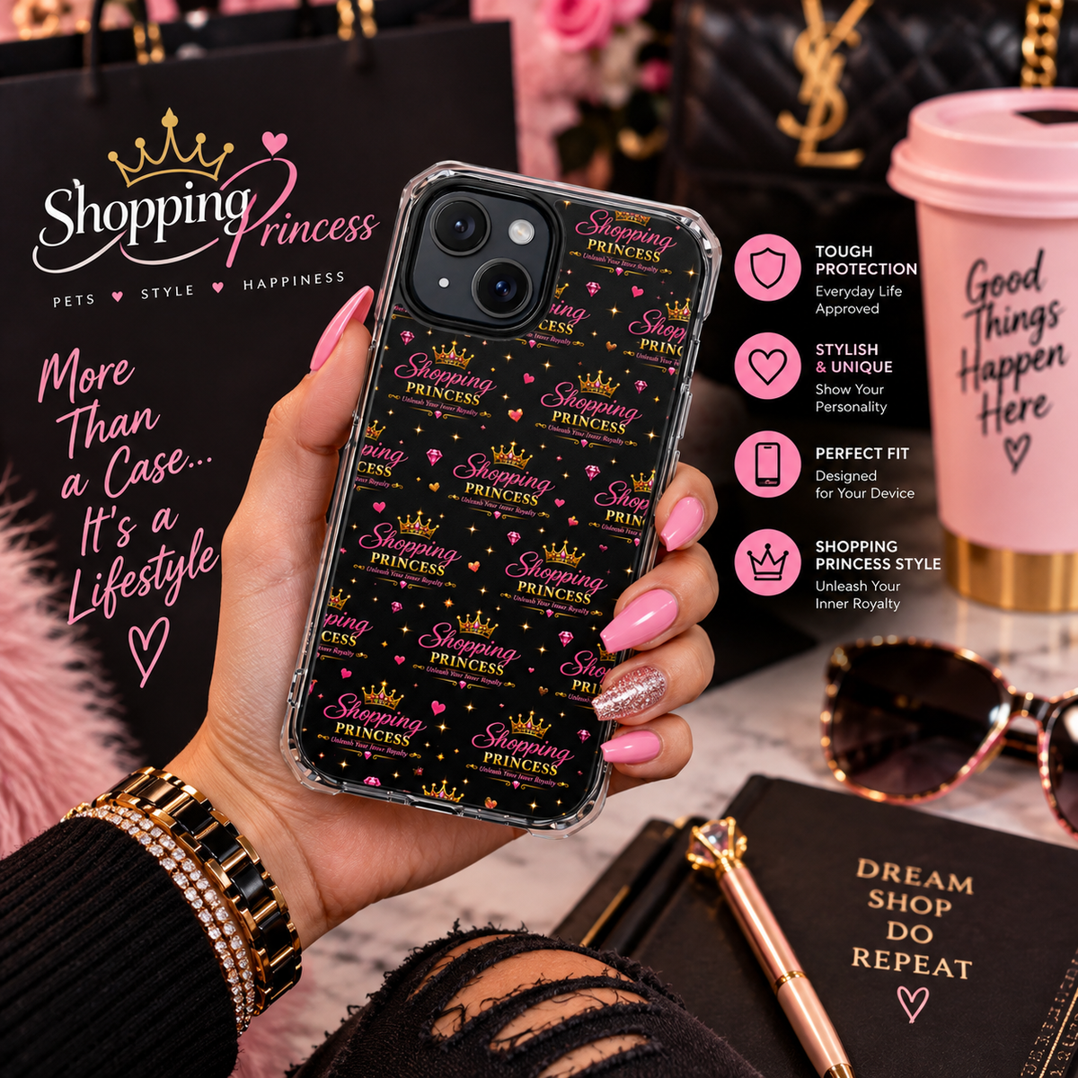 Clear Magnetic Phone Case — “Shopping Princess” Crown Pattern