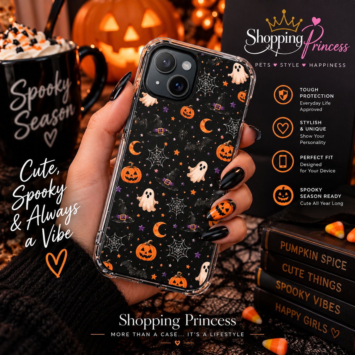 Halloween Pattern Magnetic Clear Phone Case — Ghosts, Pumpkins & Spiders