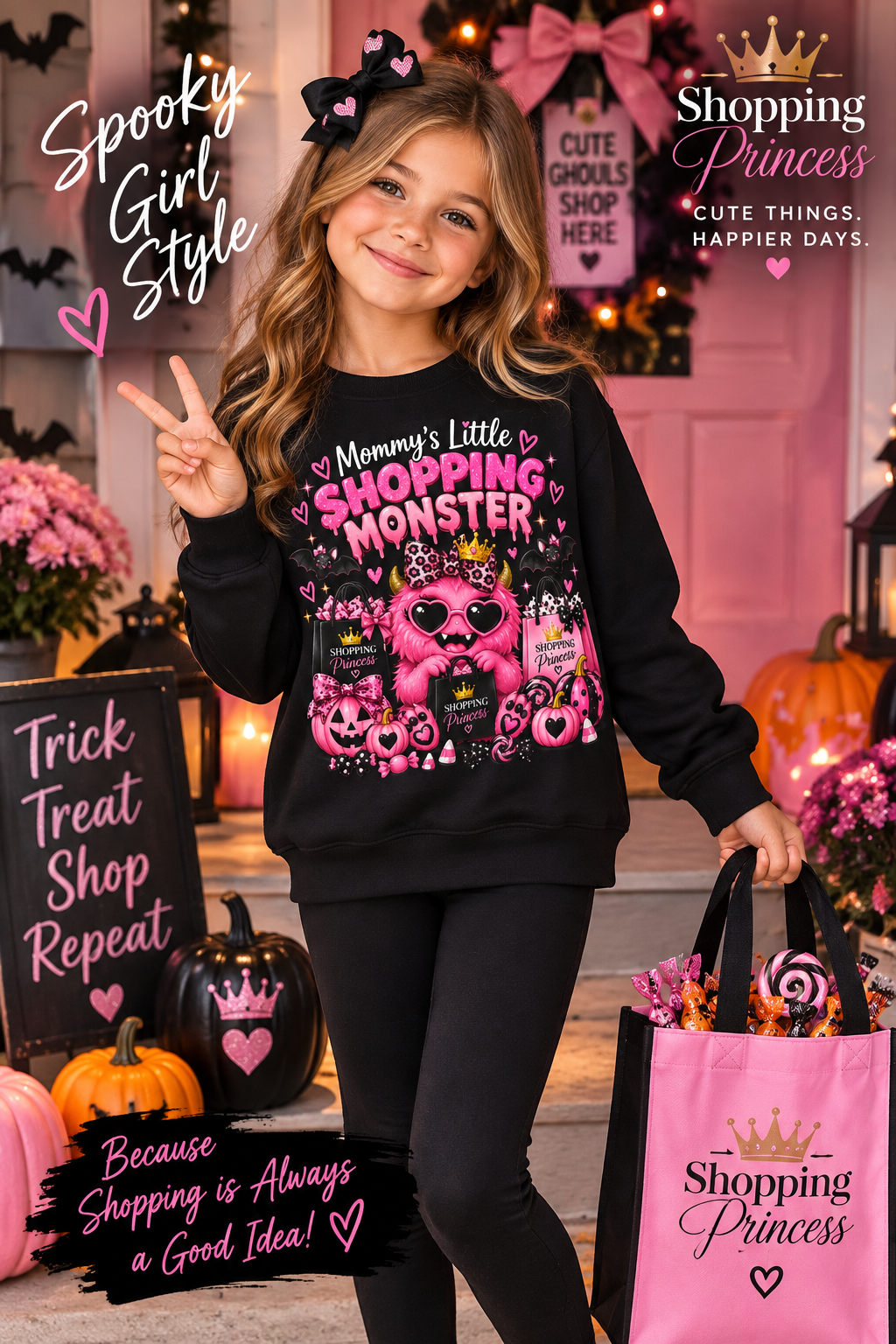 Mommy's Little Shopping Monster Toddler Sweatshirt — Cute Pink Halloween Graphic