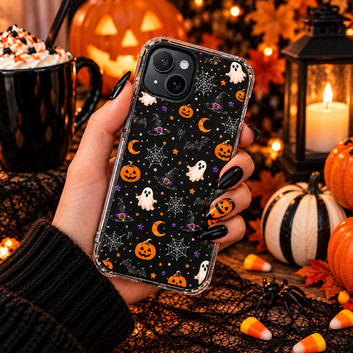Halloween Pattern Magnetic Clear Phone Case — Ghosts, Pumpkins & Spiders