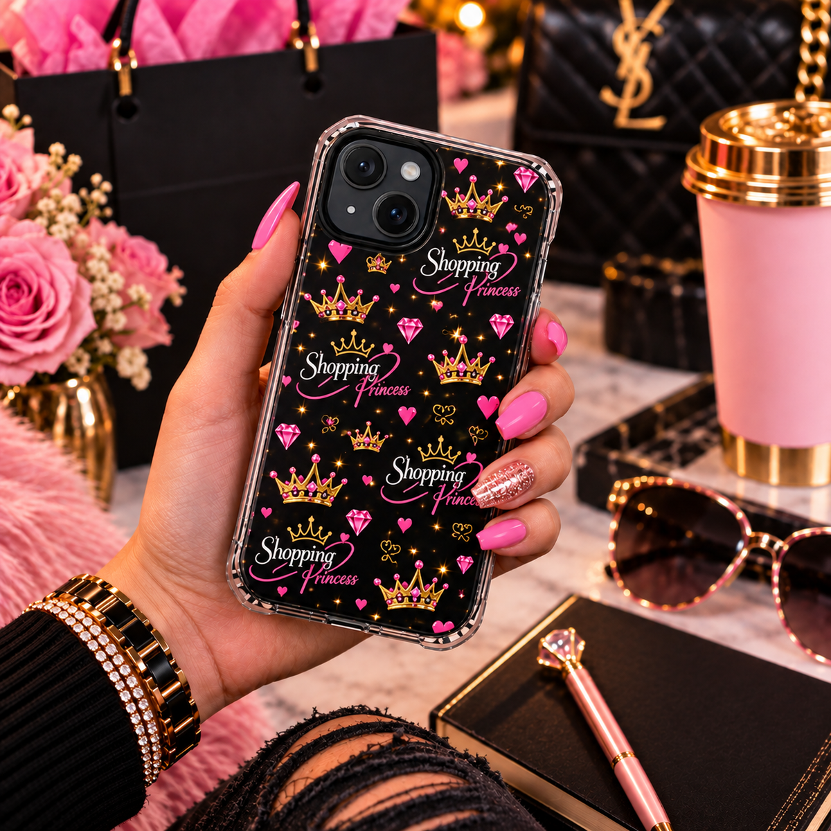 Clear Magnetic Phone Case — “Shopping Princess” Crown Pattern