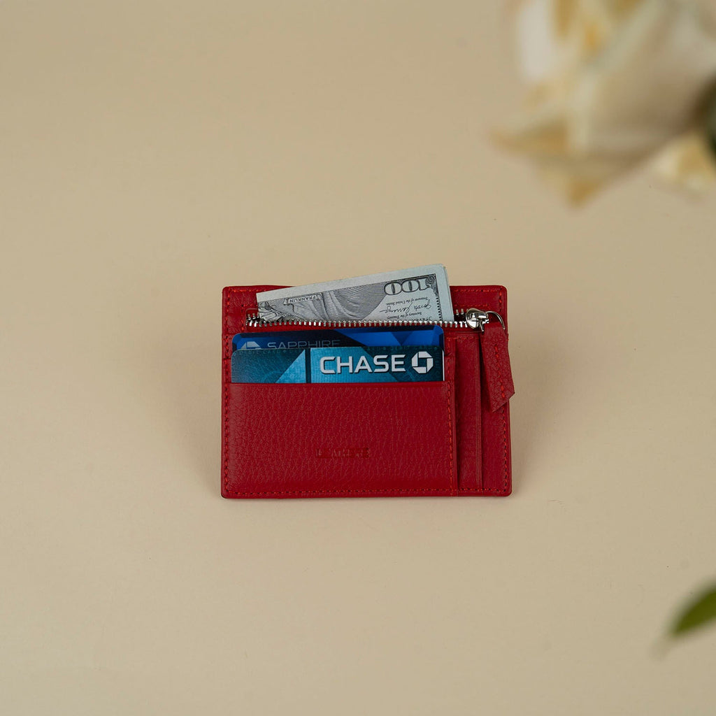 Vibrant Leather Card Holder with Zipper Pocket - Red - Concord