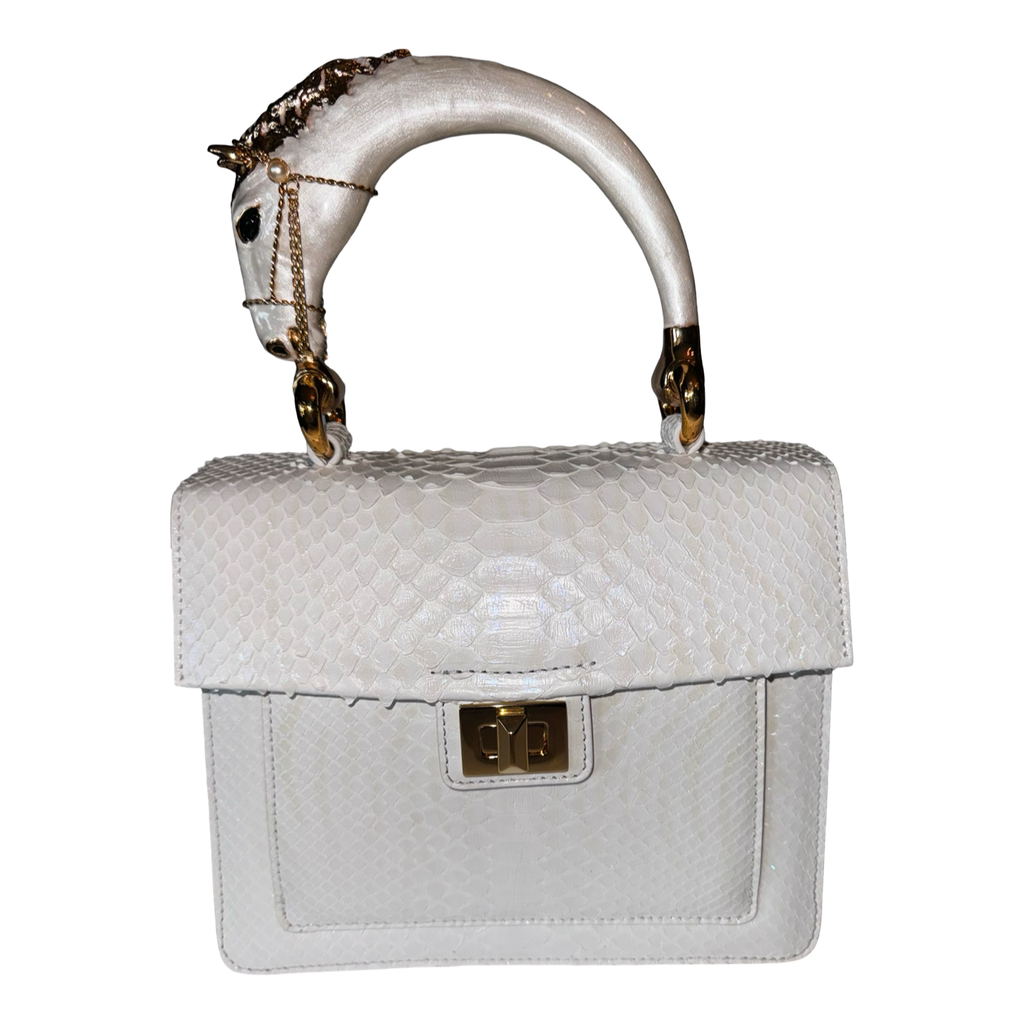Cosmo Horse Handle Handbag In Iridescent White Python