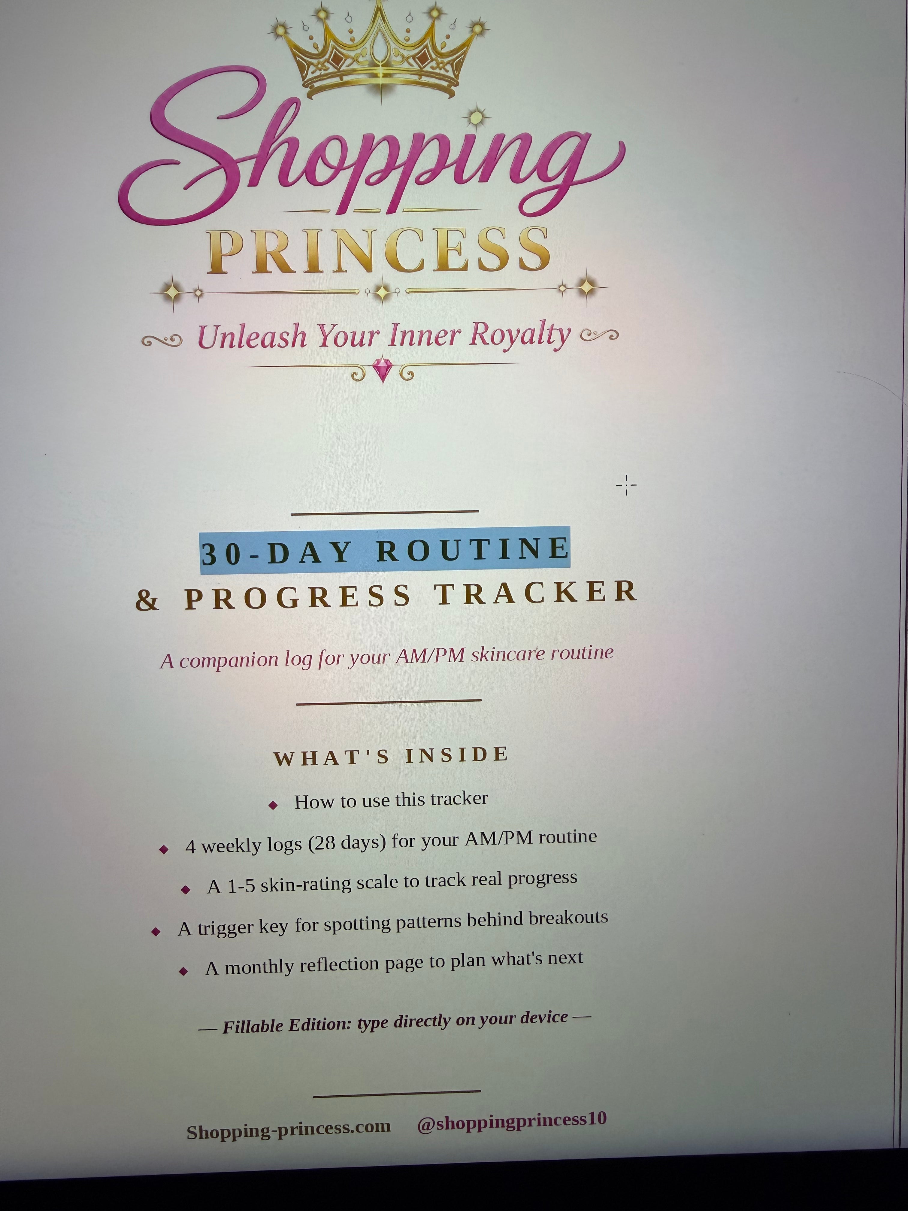 Digital productShopping Princess 30 day Skin Tracker