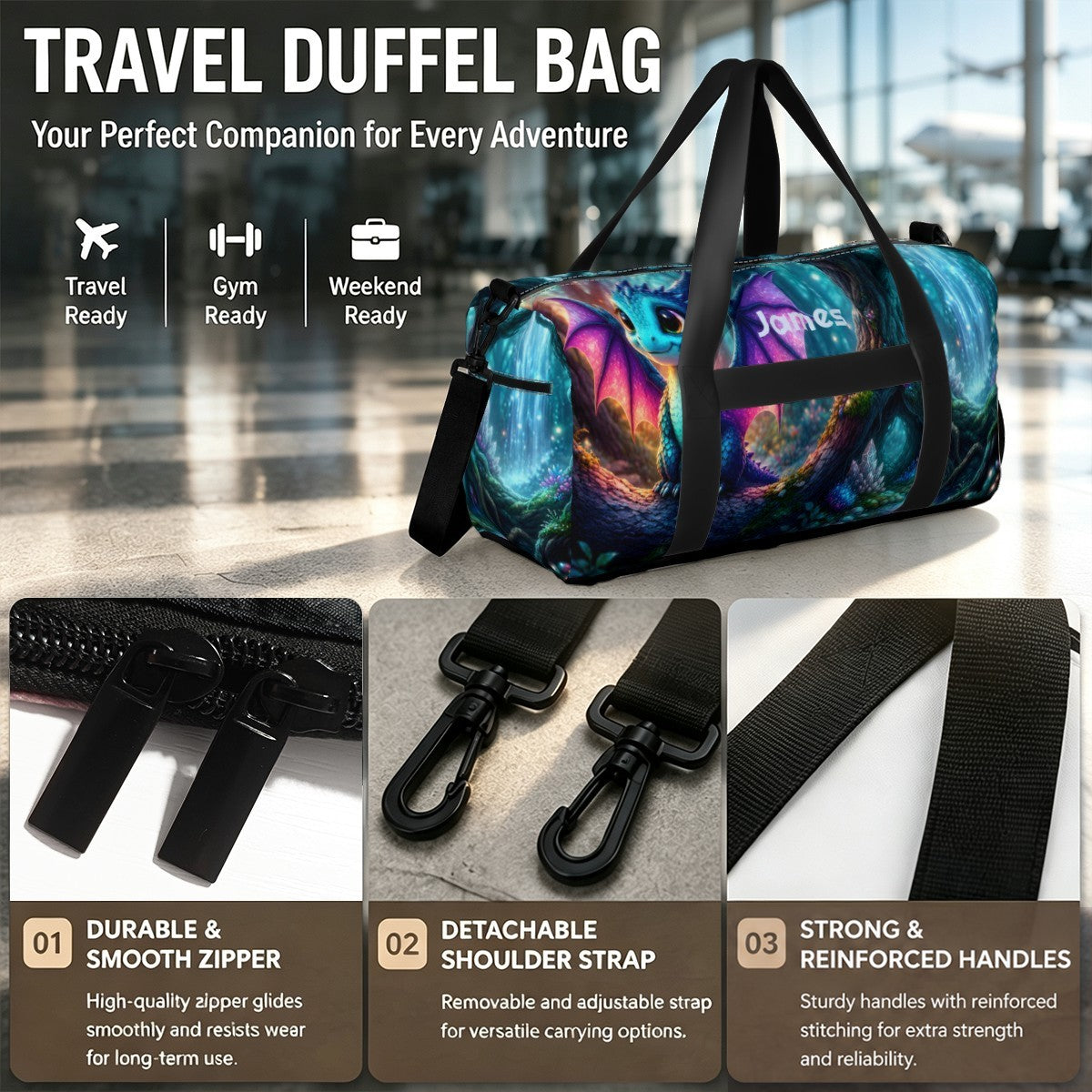 Personalized Enchanted Forest Dragon Duffel Bag with Custom Name – Baby Travel, Gym & Weekend Bag